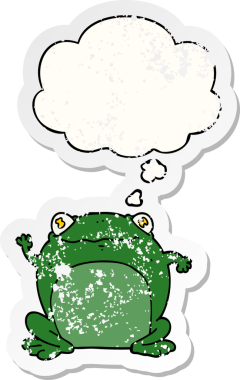 Üzüntülü bir çıkartma olarak düşünce kabarcığı olan orijinal çizgi film kurbağası.