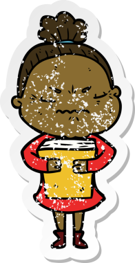 Çizgi filmin orijinal sıkıntılı çıkartması. Sinirli yaşlı kadın.