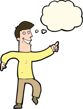 Düşünce baloncuğu ile sırıtan orijinal çizgi film adamı