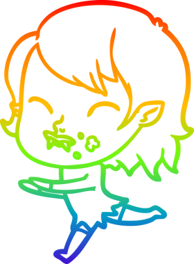 Orijinal gökkuşağı gradyan çizgisi yanağında kan olan vampir bir kızın çizimi.