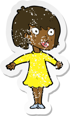 Elbise giyen bir karikatür kadının eski moda sıkıntılı çıkartması.