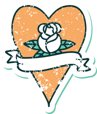 Orijinal ikonik sıkıntılı çıkartma dövmeli bir kalp gülü ve bayrağının resmi