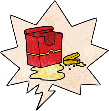 Orijinal çizgi film boş patates kızartması kutusu ve retro desenli konuşma balonu.