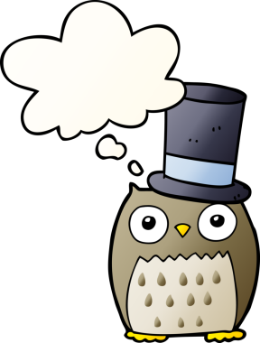 Orijinal çizgi film baykuşu, yumuşak eğimli düşünce baloncuklu silindir şapka giyiyor.