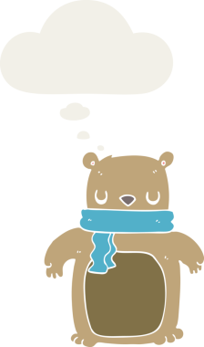 Düşünce baloncuklu atkısı olan orijinal çizgi film ayısı.