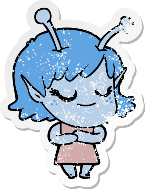 Gülümseyen bir uzaylı kız çizgi filminin orijinal üzgün çıkartması.