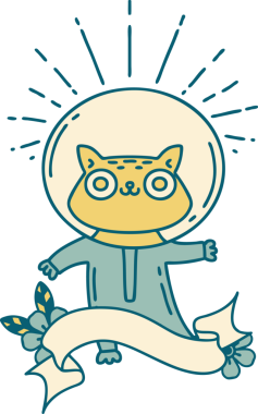 Astronot kostümlü dövme stili kedili orijinal parşömen.