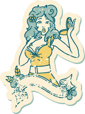 Orijinal ikonik sıkıntılı sticker dövmeli afişi olan şaşırmış bir kızın resmi.