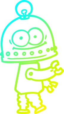 Orijinal soğuk gradyan çizgisi mutlu bir karton robotun ampullü çizimi