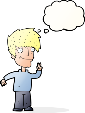 Orijinal çizgi film adamı düşünce balonuyla barış işareti yapıyor.