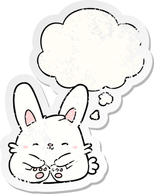 Üzüntülü bir çıkartma olarak düşünce balonlu orijinal çizgi film tavşanı.