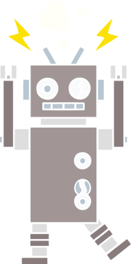 Arızalı bir robotun orijinal düz renk retro karikatürü