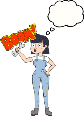 Orjinal serbest çizim balon karikatür mekanik kadın