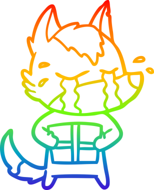 Orijinal gökkuşağı gradyan çizgi çizimi Noel hediyesi ile bir karikatür ağlayan kurt