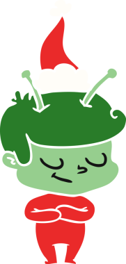 Noel Baba şapkası takan bir uzaylının orijinal dost canlısı çizilmiş düz renk çizimi