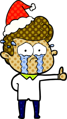 Noel Baba şapkası takan ağlayan bir adamın çizdiği çizgi roman çizimi.