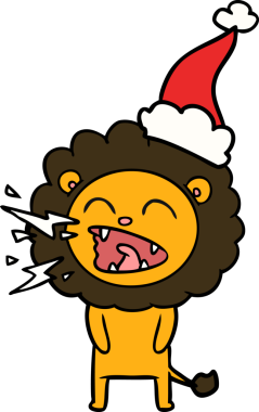 Orijinal el çizimi, Noel Baba şapkası takan kükreyen bir aslan çizimi.