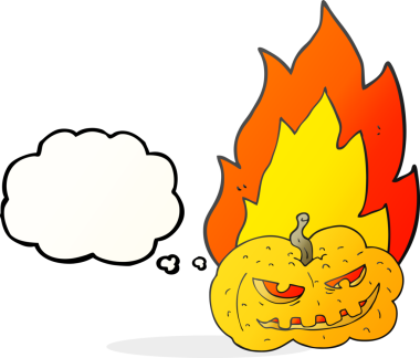 Orijinal serbest çizim düşünce baloncuğu karikatürü yanan Cadılar Bayramı balkabağı