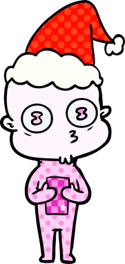 Orijinal el çizimi çizgi roman stili Noel Baba şapkası takan kel bir uzaylının çizimi.