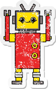 Sevimli bir çizgi film robotunun orijinal sıkıntılı çıkartması.