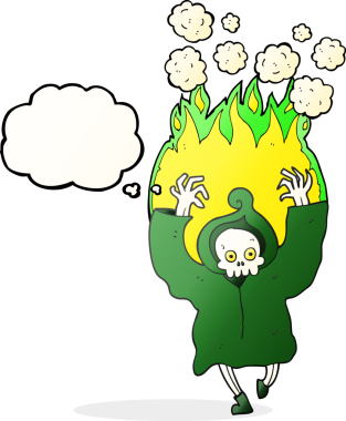 Orjinal serbest çizim düşünce balonu karikatür dans yanan ölüm iskeleti