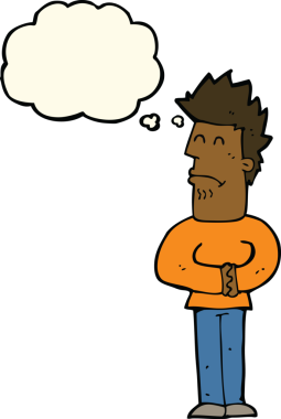 Düşünce baloncuğu olan asabi bir adam.