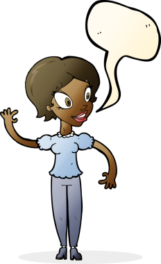 Orijinal çizgi film kadını konuşma balonuyla el sallıyor.