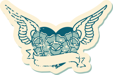 Çiçek ve bayrak taşıyan uçan bir kalbin orjinal ikonik kederli dövme görüntüsü