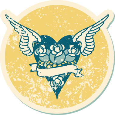 Çiçek ve bayrak taşıyan uçan bir kalbin orjinal ikonik kederli dövme görüntüsü