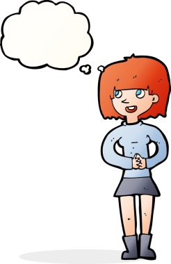 Düşünce baloncuğu olan orijinal çizgi film dostu kadın.