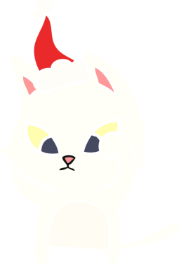 Kafası karışmış orijinal el çizimi Noel Baba şapkası takan bir kedinin düz renk çizimi