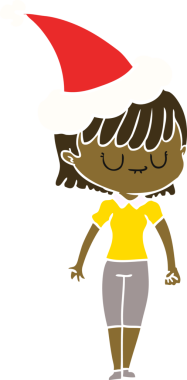 Noel Baba şapkası takan bir kadının orijinal el çizimi düz renk çizimi