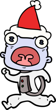 Orijinal el çizimi çizimi garip bir uzaylının Noel Baba şapkası takarak kaçtığını gösteriyor.