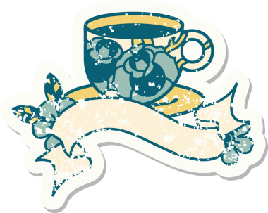 Orijinal eski bir etiket, bir fincan ve çiçekle birlikte.