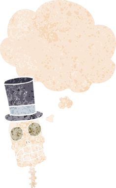 Grunge dertli retro desenli düşünce baloncuklu orijinal karikatür ürkütücü kafatası