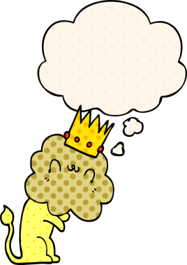 Çizgi roman tarzında düşünce baloncuğu olan taçlı orijinal çizgi film aslanı.