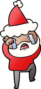 Orijinal el çizimi, sakallı bir adamın Noel Baba şapkası takıp ağladığı ve ayağını yere vurduğu karikatür.