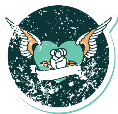 Çiçek ve bayrak taşıyan uçan bir kalbin orjinal ikonik kederli dövme görüntüsü