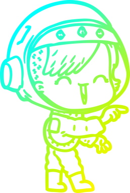 Orijinal soğuk gradyan çizgi çizimi bir astronot kızı işaret edip gülüyor.