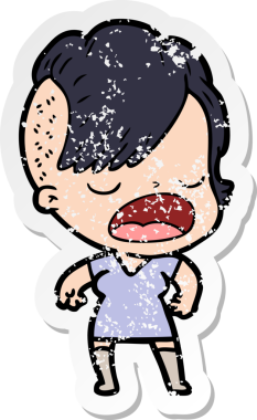 Karikatür karikatürünün orijinal sıkıntılı çıkartması. Havalı hippi kız konuşuyor.