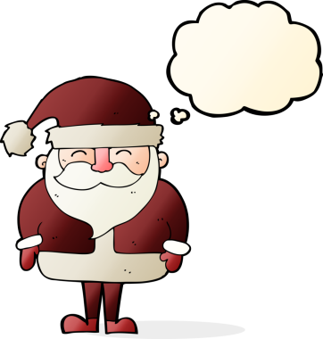 Düşünce baloncuklu orijinal Noel Baba çizgi filmi.