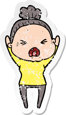 Sinirli, yaşlı bir karikatürdeki orijinal üzgün kadın çıkartması.