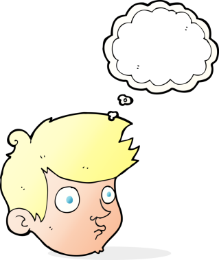 Düşünce kabarcığı olan orijinal çizgi film çocuğu.