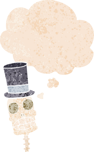 Grunge dertli retro desenli düşünce baloncuklu orijinal karikatür ürkütücü kafatası