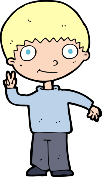 Orijinal çizgi film çocuğu barış işareti veriyor.