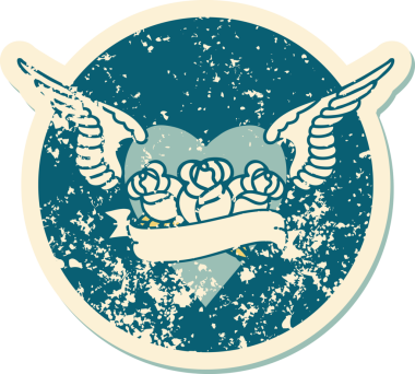 Orijinal ikonik sıkıntılı etiket dövme stili kanatlı, çiçekli ve sancaklı kalp görüntüsü