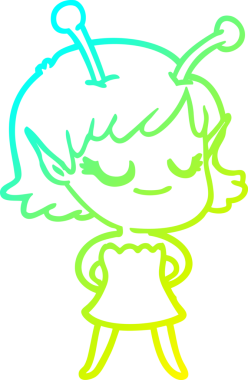 Gülümseyen bir uzaylı kız çizgi filminin orjinal soğuk gradyan çizimi