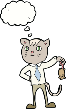 Düşünce balonlu ölü fareli orijinal çizgi film kedisi.