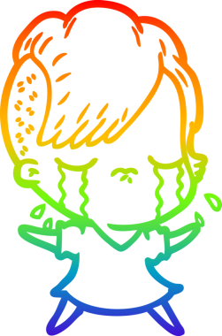 Orijinal gökkuşağı gradyanı çizgi film karakteri ağlayan kızı çiziyor.