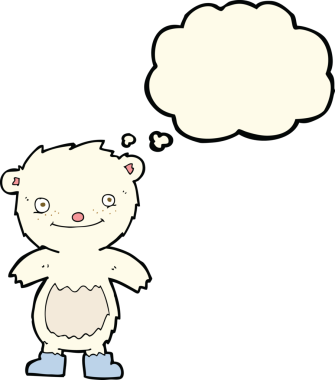 Düşünce baloncuklu çizme giyen orijinal oyuncak kutup ayısı.